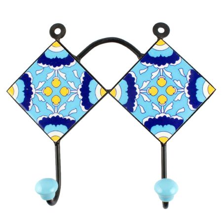 Ceramic Floral Tile Hook in Turquoise